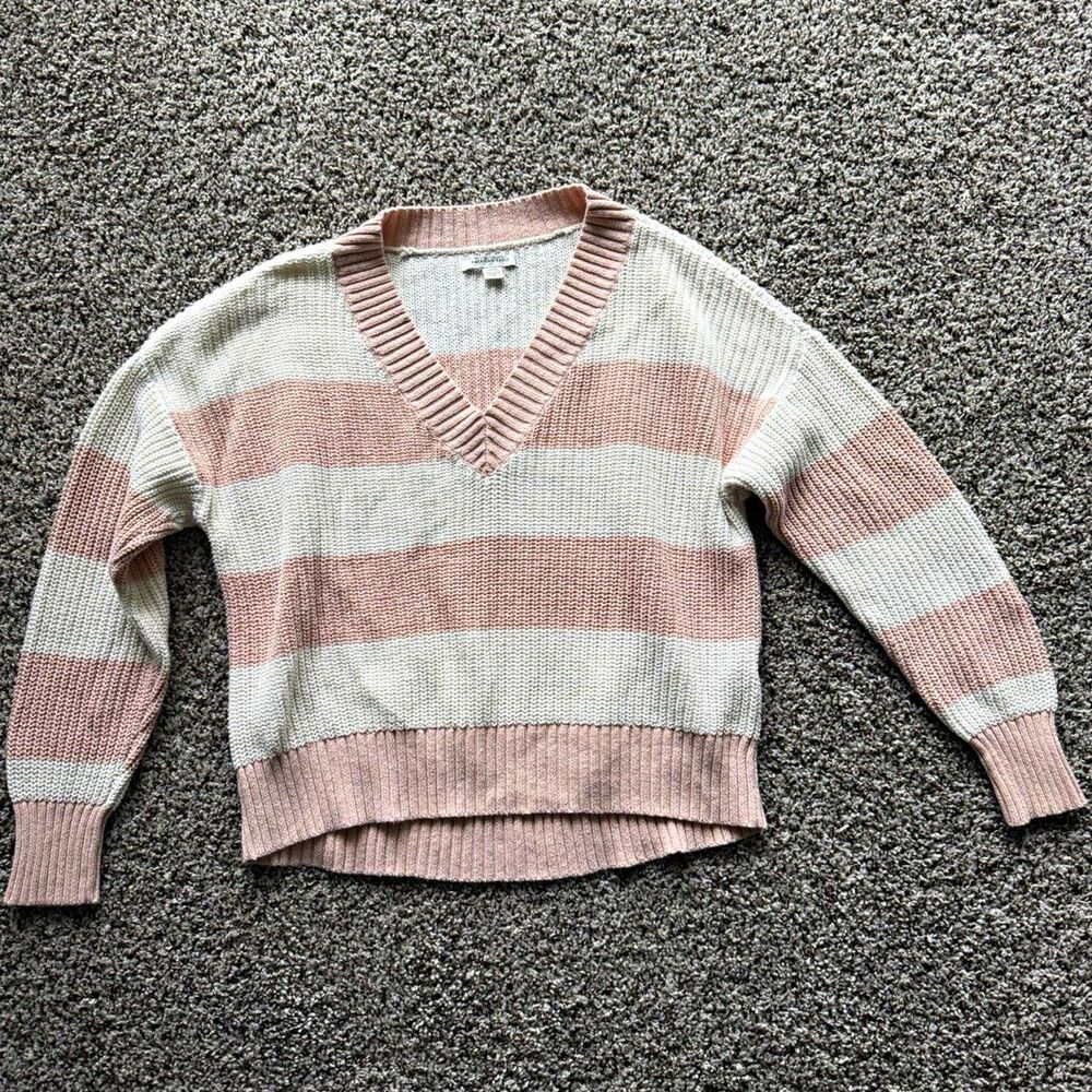 American Eagle Women's Striped V-Neck Knit Pullover Sweater S Pink/White